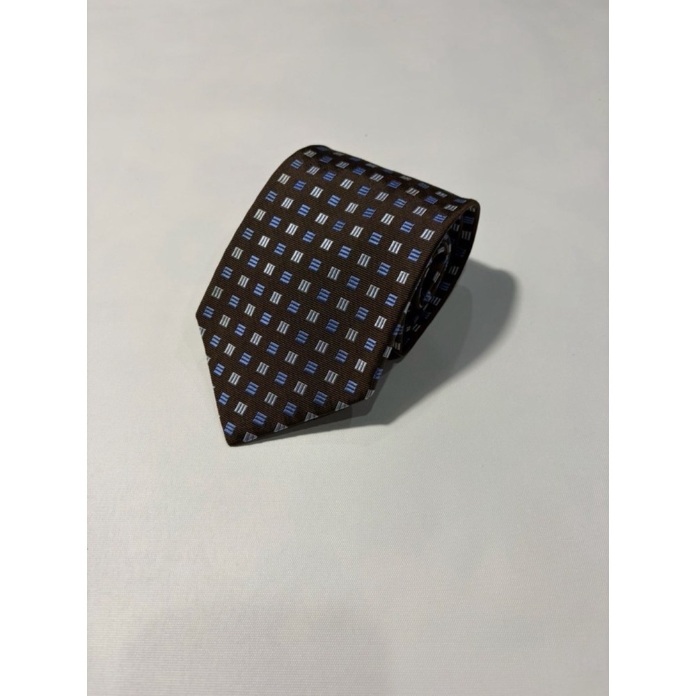 Brooks Brothers Makers Silk Tie Brown Blue Geometric Pattern USA England Prep